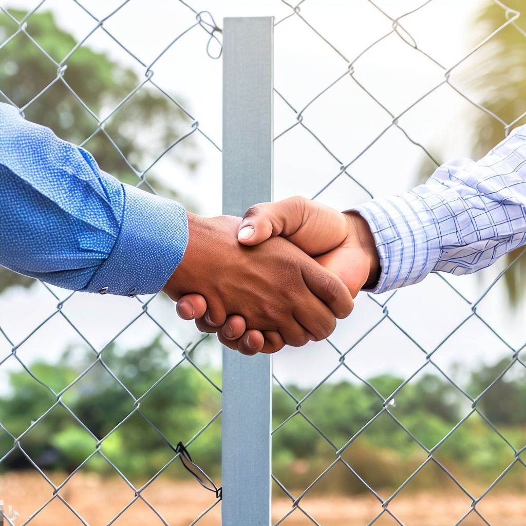 Image of handshakes over a newly installed fence