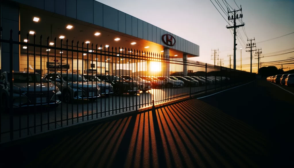 An early evening shot of the car dealership, with the setting sun casting elongated shadows. The iron fence stands as a prominent feature, its silhouette contrasting against the brightly lit dealership, emphasizing its protective role while also showcasing its aesthetic value.