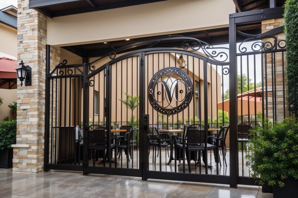 A restaurant patio enclosed by elegant iron fencing and a metal gate