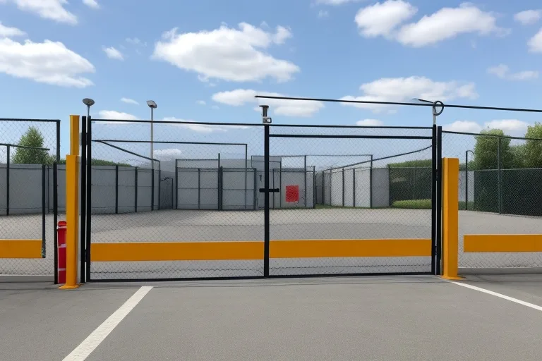 An image showcasing a newly installed chain link gate at a commercial warehouse